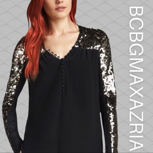 NWT BCBG Maxazria XXS black sequin chiffon mix 1/2 way button Long Sleeves top. - Picture 1 of 9